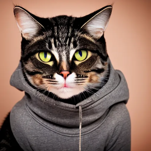 Prompt: a studio photograph of a cat wearing a hoodie,realistic,photorealistic,hyperdetailed,hyperrealistic,detailed face,highly detailed,professional photo,professional lighting,studio photo,studio lighting