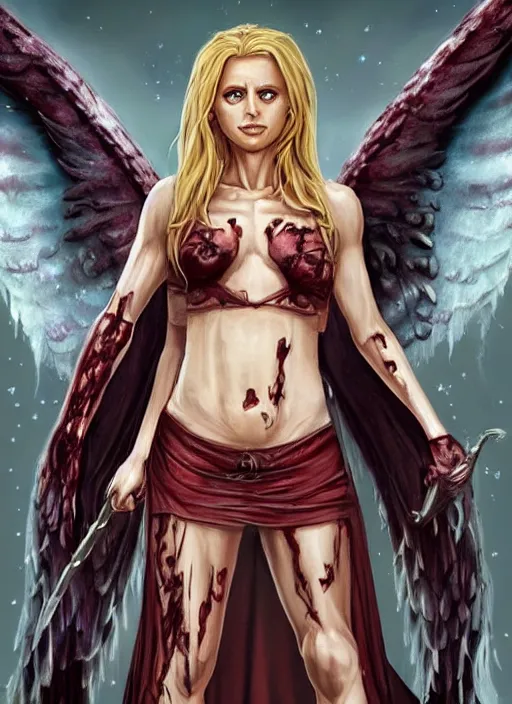 Prompt: Buffy the vampire slayer character angel as a half-muscular half-blood angel with a big cross pendant and religious tattoos on chest and neck, stained and bleeding, magic overlays, magic flames, open portal with runes in the background, romance book cover style, D&D illustration style, (octane render) fantasy style, sharp focus, ultra detailed, art by Artgerm and Peter Andrew Jones, Ayami Kojima, Amano and Olivier Ledroit