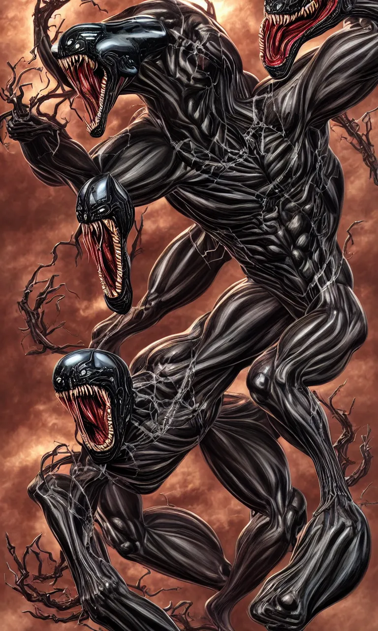 Image similar to anatomically acurate full body long shot venom from marvel comics!!!!, large mouth with teeth, fantasy, intricate, elegant, highly detailed, digital painting, artstation, concept art, matte, sharp focus, illustration, art by glenn fabry