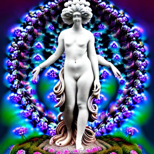 Prompt: a fully clothed idealistic marble statue with fractal flowery hair in a fractal garden, glowing delicate flower and mushrooms that grow in a dark fatansy forest on the planet pandora,, symmetrical,