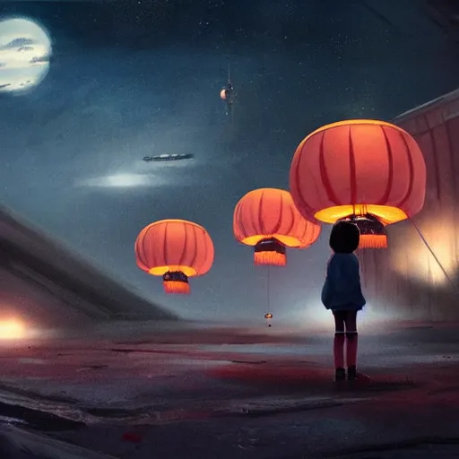 Image similar to a little girl watching hundreds of chinese sky lanterns in the night sky over a sci-fi space base, by Greg Rutkowski