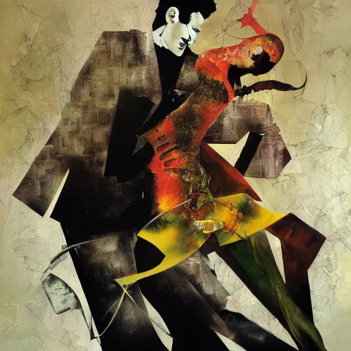 Image similar to tango, collage and oil on canvas by dave mckean and yoshitaka amano