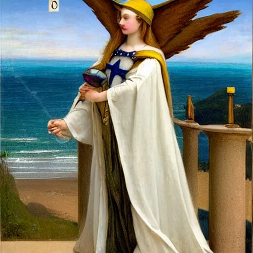 Prompt: An angel with jester hat and clothes on the front of a Balustrade with a beach on the background, major arcana cards, by paul delaroche, hyperrealistic