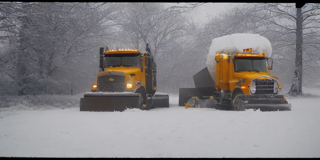 Image similar to photo, big snow plow truck is in the distance with a bright headlighta. cold color temperature, snow storm. hazy atmosphere. humidity haze. kodak ektachrome, greenish expired film, award winning, low contrast,