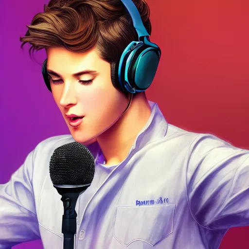 Image similar to a handsome young man with sandy brown hair and blue eyes singing into a neon blue microphone headset posing on stage. dynamic!! pose. gesture drawing. concert. cinematic lighting. wide shot photorealistic. hyper realism. ray tracing hdr. intricate detailed masterpiece. by bouguereau and shigenori soejima ruan jia. lifelike.