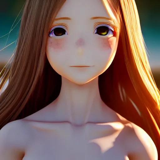 Image similar to Render of a very beautiful 3d anime girl, long hair, hazel eyes, cute freckles, full round face, short smile, cute sundress, golden hour, serene lake setting, medium shot, mid-shot, highly detailed, trending on Artstation, Unreal Engine 4k