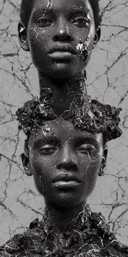 Prompt: realistic digital painting of a stunning intricate cracked black marble falling african american angel with face sculpture, mycelium stands and misty xparticles neutral tone background, trending on artstation, hyperrealism, matte painting, subsurface scattering