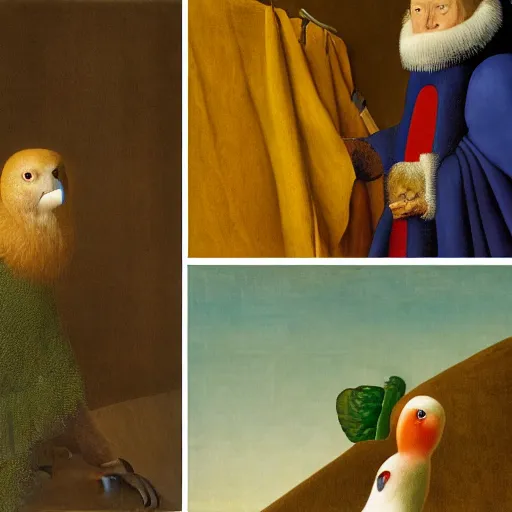 Image similar to portrait of a dramatic parot suffering, painting by Jan van Eyck, Audubon, Rene Magritte, Agnes pelton, max ersent, Walton ford,