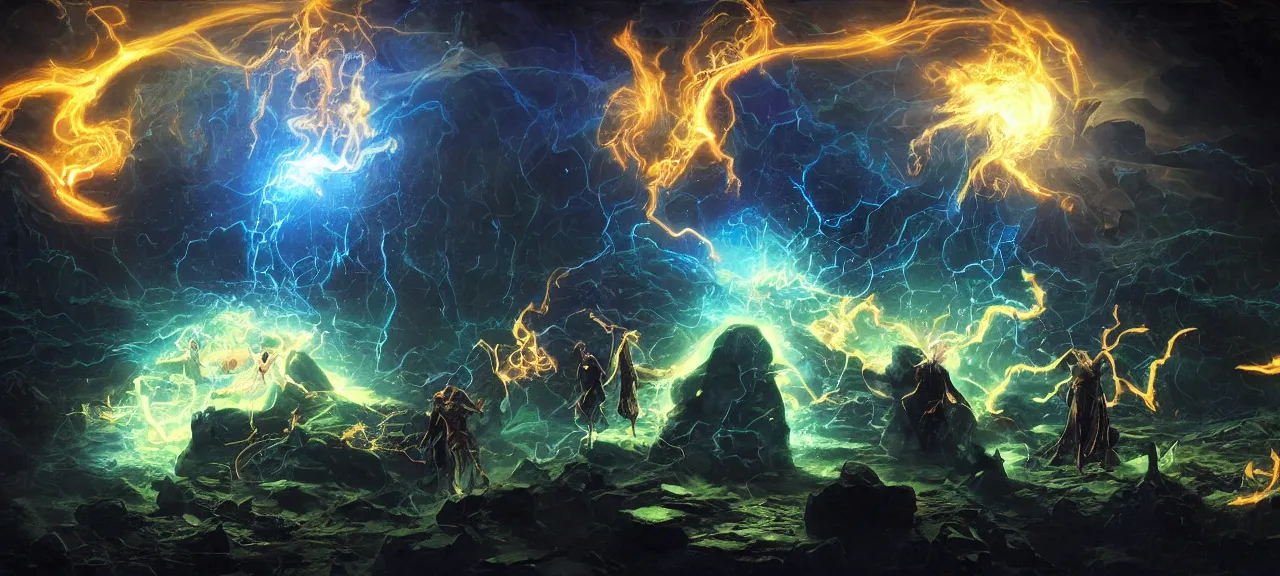 Image similar to Six wizards standing in dark cave and shoot fireballs from their magic staffs at DC comic character Black Adam, dark ancient atmosphere, full of glowing particles floating randomly from ground, dramatic lighting, fluid colorful particles rising from ground, digital art with fine details, by Martin Johnson Heade