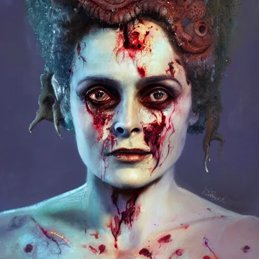 Prompt: expressive oil painting, alien dark fae girlboss based on helena bonham carter mixed with sigourney weaver, bumpy mottled skin full of blood and scars, ornate headpiece, body horror, by yoshitaka amano, by greg rutkowski, by jeremyg lipkinng, by artgerm, digital art, octane render