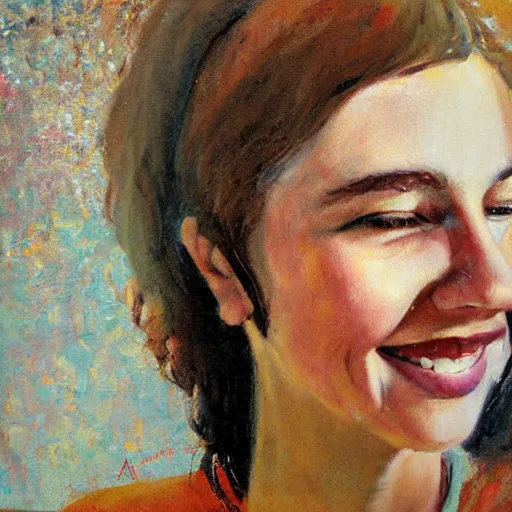 Prompt: realistic portrait of a young woman with a happy face in the year 1970 by Aaron Abraham Shikler