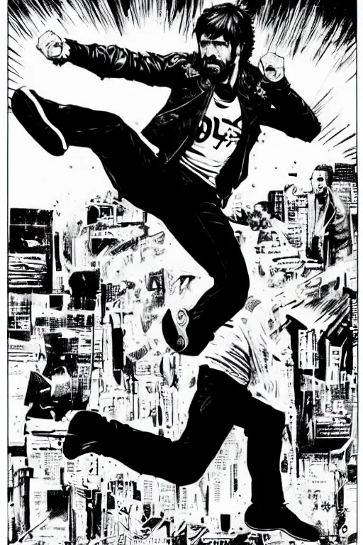 Image similar to chuck norris doing a high kick, a page from cyberpunk 2 0 2 0, style of paolo parente, style of mike jackson, adam smasher, johnny silverhand, 1 9 9 0 s comic book style, white background, ink drawing, black and white, colouring pages