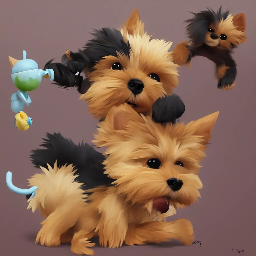 Prompt: Goro Fujita ilustration a very cute Yorkshire Terrier, with black and caramel fur, playing with a plush monkey toy, painting by Goro Fujita, sharp focus, highly detailed, ArtStation