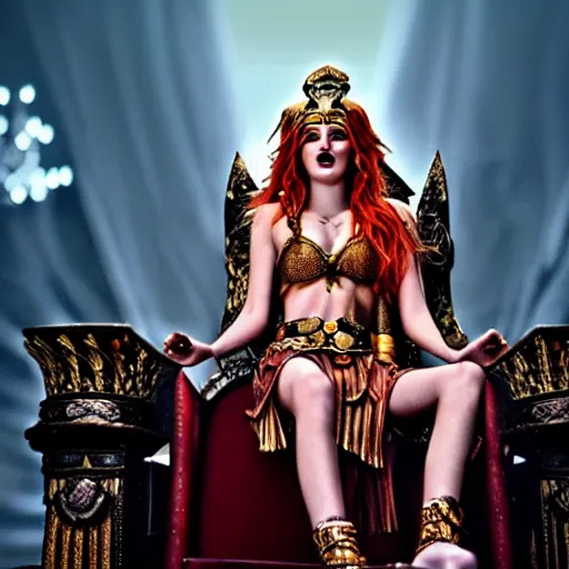 Image similar to cinematic scene with bella thorne on a majestic throne as the goddess of war, dramatic, small details, volumetric lighting, still frame