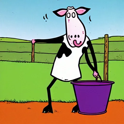 Image similar to a cow points at a bucket, illustrated by gary larson