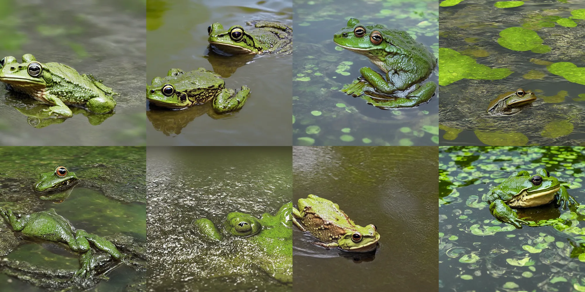 Prompt: massive frog sitting in a small pond, water ripples, 4 k, photorealistic,