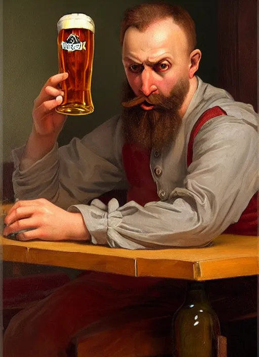 Prompt: large computer table octoberfest invite card, man playing computer games, angry, beer bottles, drunk, photoshoot, 4 k, hyper realistic, natural, highly detailed, digital illustration, trending in artstation, classical painting, smooth, sharp focus art by ilya repin