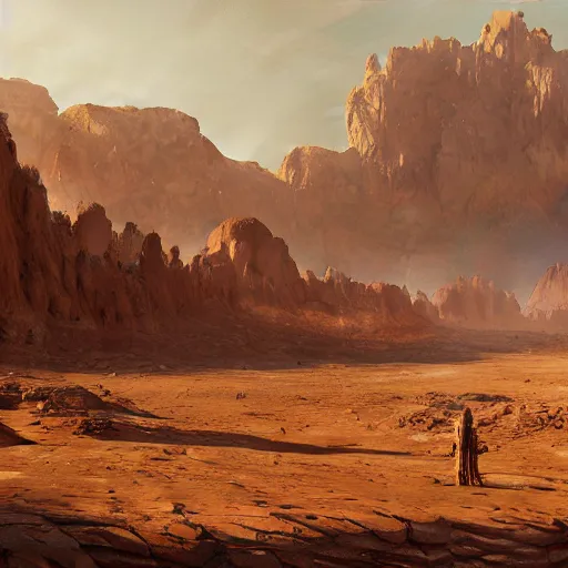 Prompt: Panorama view of a giant golem in a desert, oil painting, by Greg Rutkowski