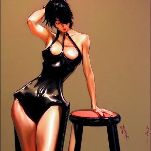 Image similar to artstation a woman seductively posing on a stool, by Hajime Sorayama, very detailed, , portrait, high contrast