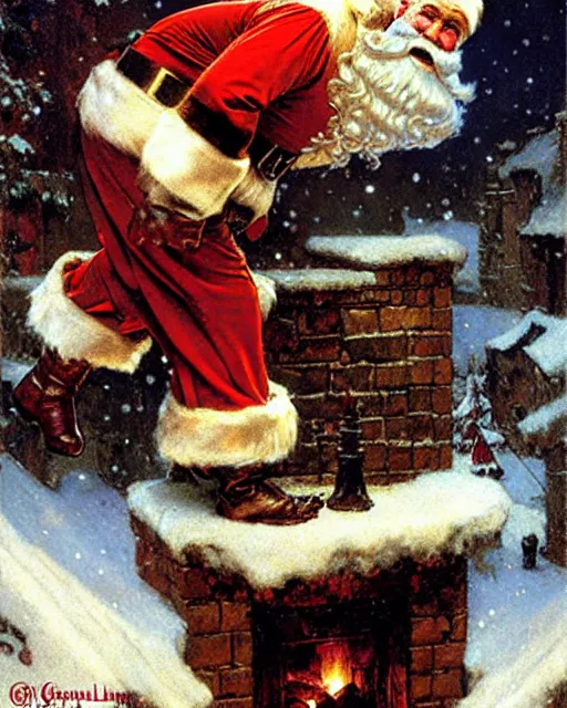 Prompt: muscular santa clause slides down a chimney on christmas eve, night, painting by gaston bussiere, craig mullins, j. c. leyendecker, norman rockwell