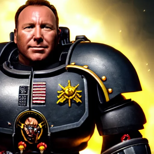 Image similar to cinematic shot of Space Marine Alex Jones, 4k