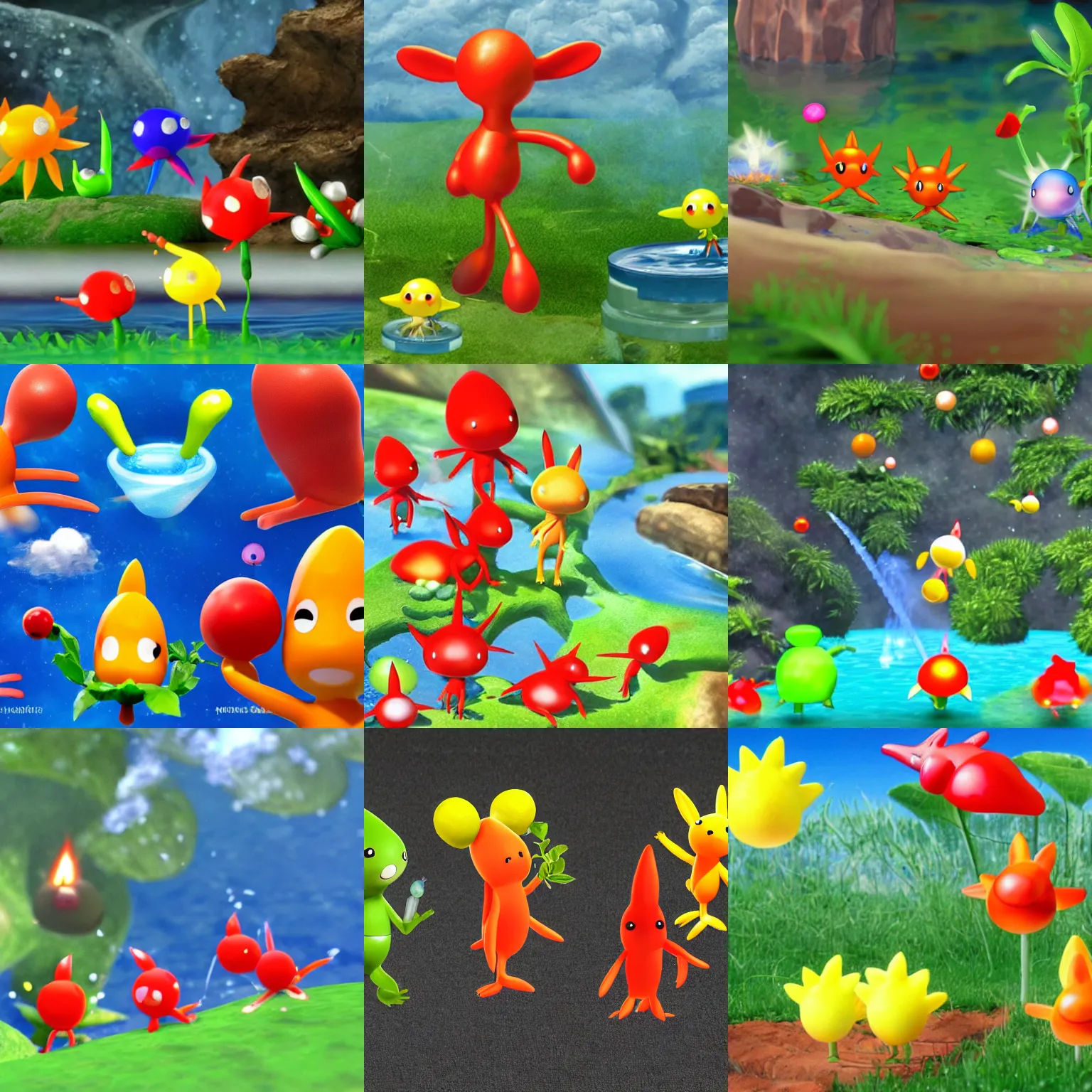 Prompt: fire pikmin, earth pikmin, water pikmin, air pikmin