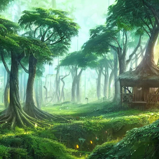 Image similar to concept art painting of a forest with treehouses made of trees and roots, doors and windows inside trees, vines, deep forest, realistic, detailed, cel shaded, in the style of makoto shinkai and greg rutkowski and james gurney