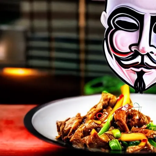 Prompt: anonymous with face on stirfry pork, cinematic dramatic composition