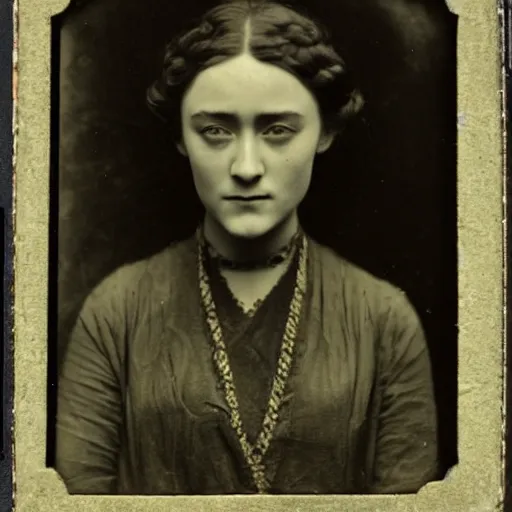 Image similar to Tintype photograph of Saoirse Ronan as a Irish ethnographic subject. 1920s studio lighting.