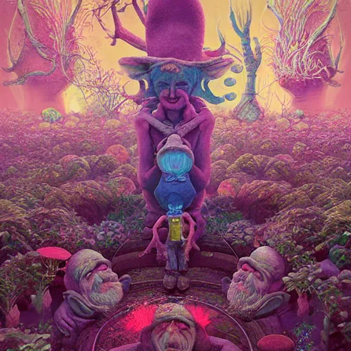 Prompt: hyperdetailed psychedelic horror fantasy portrait of garden gnomes by wayne barlowe and beeple, vivid color, album cover,