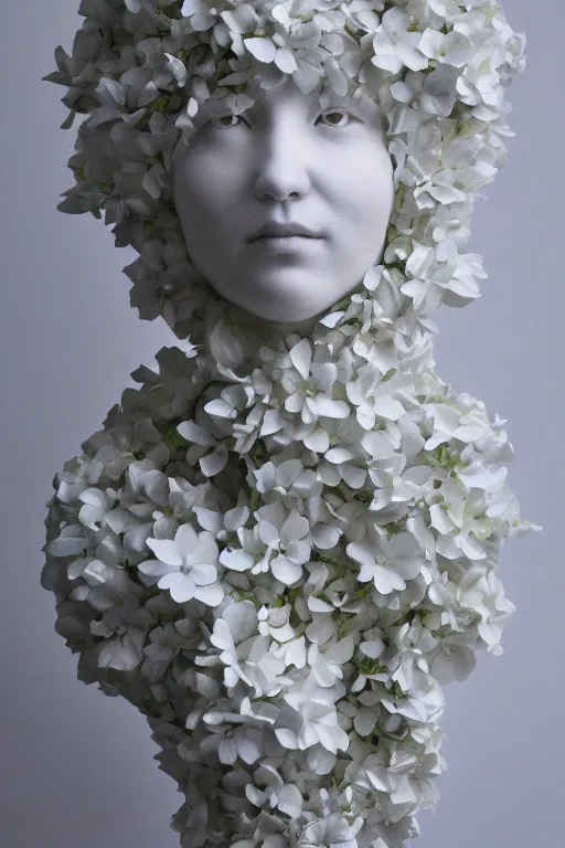 Prompt: full head and shoulders, beautiful female porcelain sculpture by daniel arsham and james jean, smooth, all white features on a white background, delicate facial features, white eyes, white lashes, detailed white 3 d giant hydrangeas, poppies, lilacs on the head