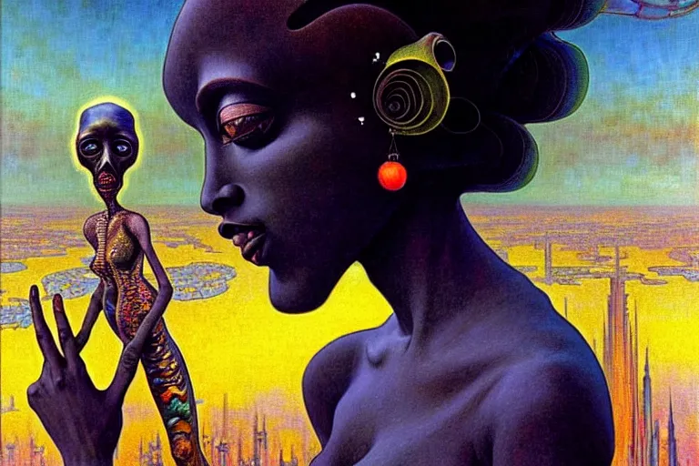 Image similar to realistic extremely detailed portrait painting of a beautiful black woman with an alien, city street on background by Jean Delville, Amano, Yves Tanguy, Ilya Repin, Alphonse Mucha, Ernst Haeckel, Edward Robert Hughes, Roger Dean, rich moody colours