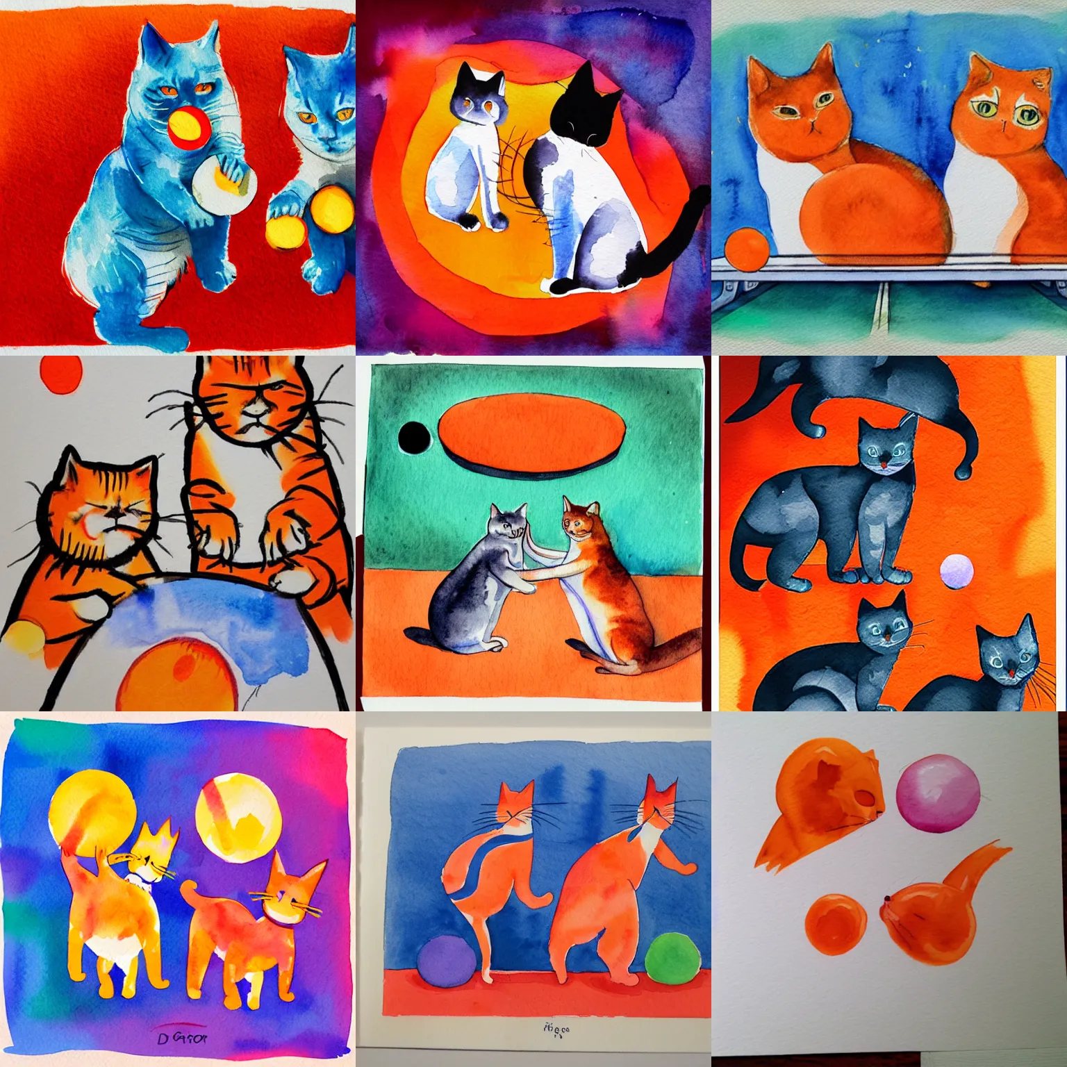 Prompt: dos gatos jugando al ping pong sobre fondo naranja, vibrant watercolor