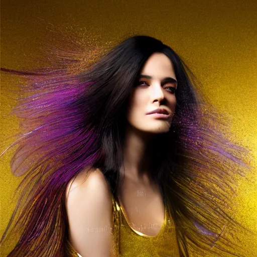 Image similar to masterpiece dynamic portrait of an aesthetic beautiful realistic black haired woman, gold and purple strands, 3 0 years old woman, mid long hair, black eyed, by joachim bergauer and wlop, artstation, deviantart, large view, motion blur, high aperture, pouring acrylic chaotic background, curves and splashes, detailed, intricate, 8 k