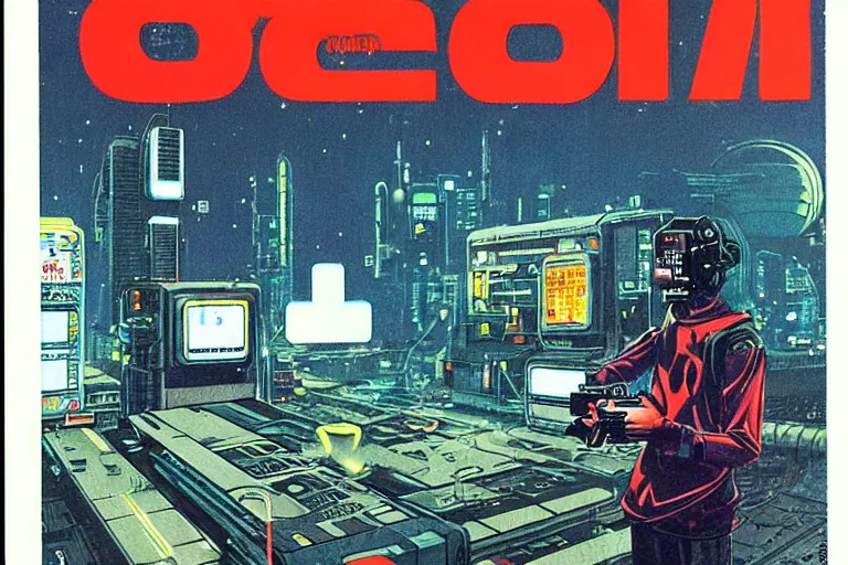 Image similar to a 1979 cover of OMNI magazine depicting a gameboy. Neo-Tokyo. Cyberpunk style art by Vincent Di Fate.