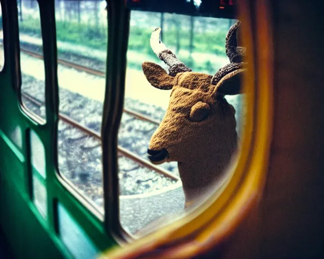 Image similar to a lomography photo of rumble between two human with deer head in soviet train this morning, bokeh,