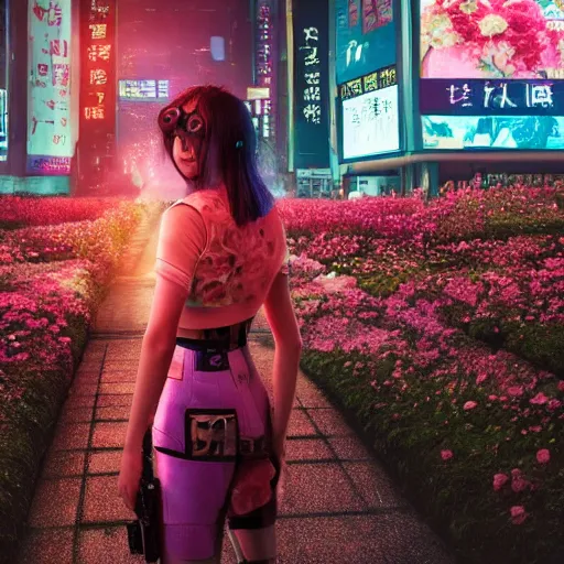 Image similar to woman of flowers, floral, cyberpunk, japanese cyberpunk city, blade runner 2 0 4 9