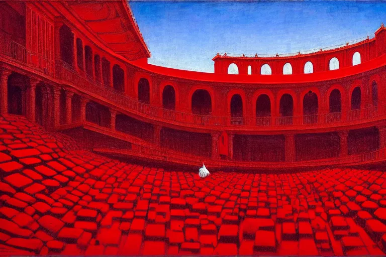 Image similar to only with red, a red melted emperor, taormina amphitheatre, crowd hails him, in the style of beksinski, parts by edward hopper, parts by rodcenko, parts by yue minjun, intricate and epic composition, red by caravaggio, insanely quality, highly detailed, masterpiece, red light, artstation, 4 k