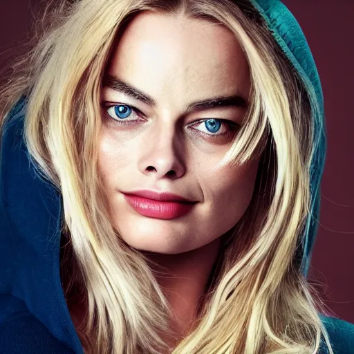 Image similar to face photo of margot robbie as super saiyan powering up long hair wearing hoodie by annie leibovitz