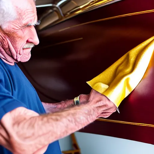 Prompt: wrinkled hunchbacked old man in musty burgundy suit, polishing painting the side of a gold plated mega yacht with a cloth, maintenance photo