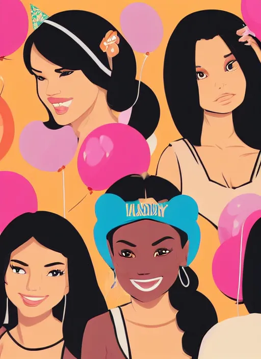 Prompt: woman, black hair, tan skin, curvy, slight resemblance to selena gomez and vanessa hudgens wearing mickey's ears headband. birthday party. clean cel shaded vector art. shutterstock. behance hd by lois van baarle, artgerm, helen huang, by makoto shinkai and ilya kuvshinov, rossdraws, illustration,