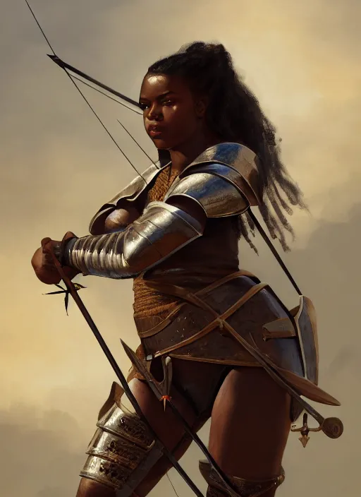 Image similar to full body portrait of beautiful black woman as a medieval archer, leather armor and war bow, cinematic, highly detailed, digital painting, artstation, concept art, smooth, sharp focus, illustration, face by wlop, illustrated by mars ravelo and greg rutkowski