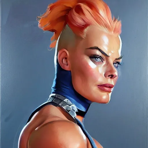 Image similar to greg manchess portrait of margot robbie as thick female bodybuilder zarya from overwatch, epic grimdark, fantasy, medium shot, asymmetrical, profile picture, organic painting, sunny day, matte painting, bold shapes, hard edges, street art, trending on artstation, by huang guangjian and gil elvgren and sachin teng