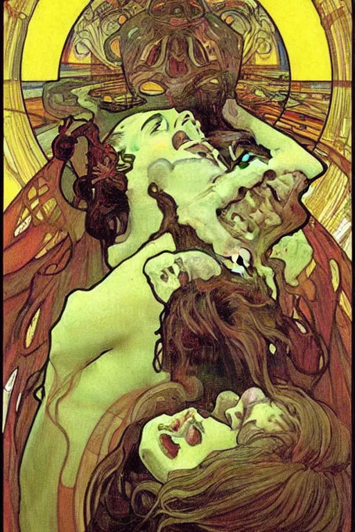 Prompt: saturn devouring his son, beautiful dark art, painting by alfons mucha