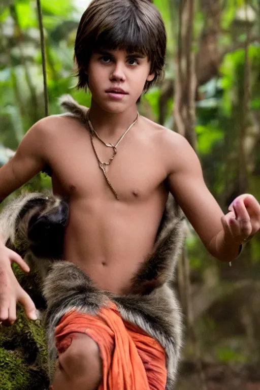 Image similar to young justin bieber plays mowgli in the live action adaptation of the jungle book, 3 5 mm photography, highly detailed, cinematic lighting, 4 k