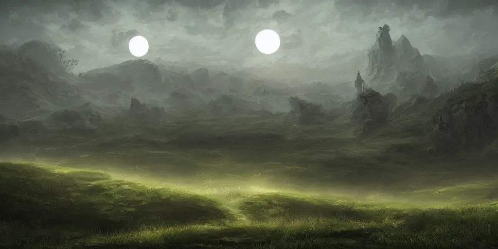 Image similar to The great marble wizards tower, painted landscape,green fields in the background, moody lighting, moon in the night sky, artstation, digital art