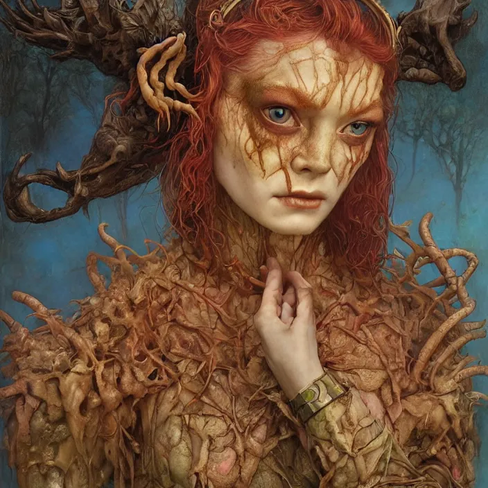 Image similar to a portrait photograph of sadie sink as a elegant brightly colored satyr alien hybrid with wet mutated skin. wearing an infected organic catsuit. by tom bagshaw, donato giancola, hans holbein, walton ford, gaston bussiere, brian froud, peter mohrbacher and magali villeneuve. 8 k, cgsociety