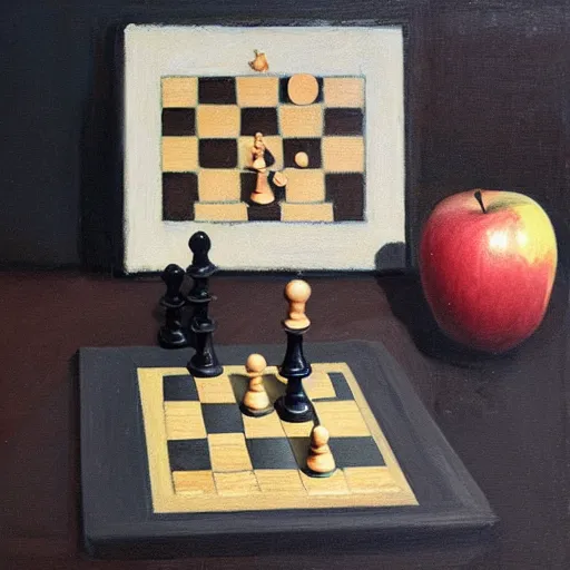 Prompt: an apple playing chess, realistic oil paint