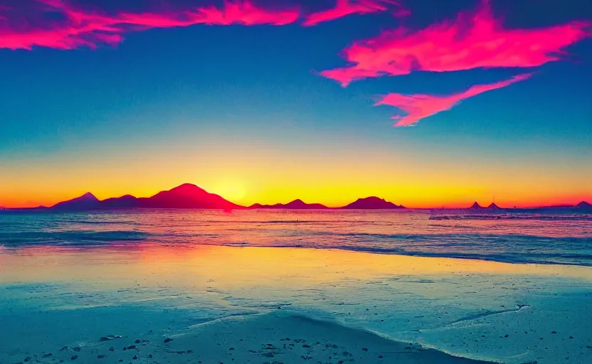 Image similar to beatiful landscape of the beach and mountains behind, vaporwave, sunset, photo