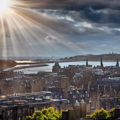 Prompt: Cityscape view of Edinburgh but underwater, sharp focus, sun rays through the water